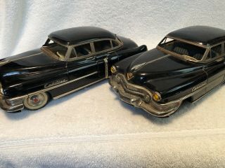 Rare Pair Vintage 1950s Marusan Kosuge 12 " Black Cadillac Friction Toy Car