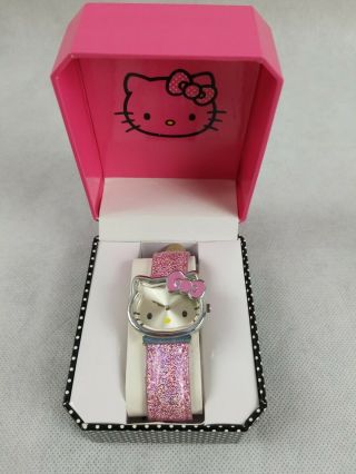 Hello Kitty Cat Quartz Watch Fashion Lady Girl Silver Stainless W/ Glitter Band