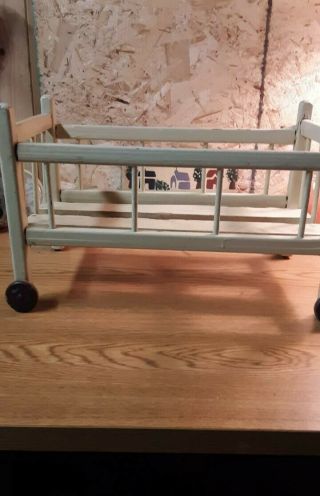 Vintage 1950s Wooden Baby Doll Crib Bed With Wood Wheels And Handmade Blankets