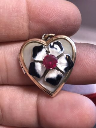 Antique Vintage Gold Filled Heart Shaped Locket Charm Drop With Enamel Flower