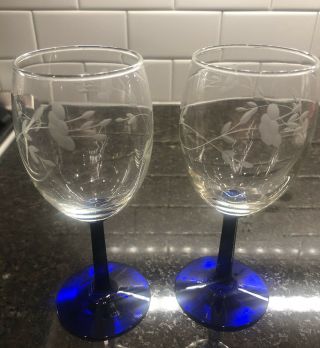 Princess House Crystal Heritage Blue Stemmed Set Of 2 Wine Glasses Euc Rare