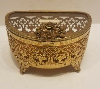 Vintage Gold Gilt Ormolu Brass Glass Jewelry Casket Trinket Box Antique Gold