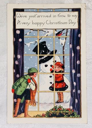 Antique Christmas Postcard Whitney Made C1922 Children & Snowman