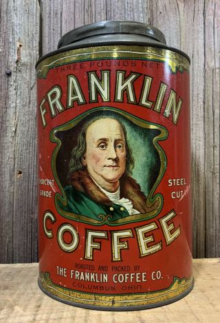 & Rare Antique Vtg Franklin Coffee 3 Lb Tin Can Canister Columbus Ohio Ex
