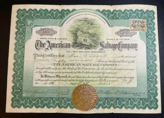 1916 American Salvage Company Stock Certificate Rare & Scarce Unique Vignette