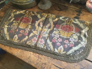 Antique Vintage Silk Brocade Table Runner Dresser Scarf W Metal Thread Work Lace