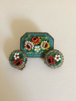 Antique Micro Mosaic Brooch & Clip Earrings