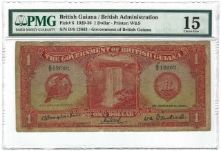 British Guiana 1 Dollar 1929,  P - 6,  Pmg 15 Choice Fine,  Rare Kgv Note,  W&s Print