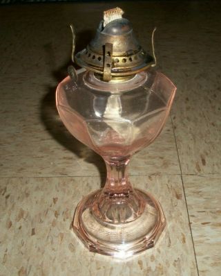 Antique Pink Depression Glass Pedestal Oil Lamp W Venus Miller Burner