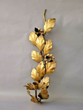 Vintage Gold Gilt Metal Leaf Wall Sconce Candle Holder 19  T 2