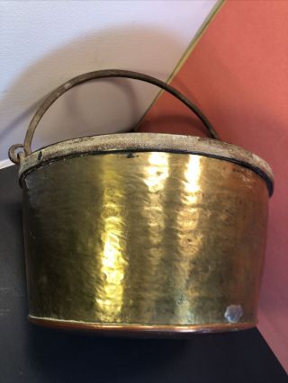 Antique Hammered Brass,  Copper Bottom,  Iron Handle Pot Cauldron Pail 11 1/2 "