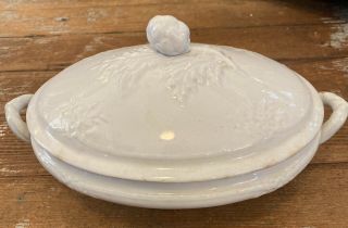 Small Antique White Ironstone Covered Serving Bowl England Farmhouse