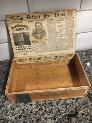 Rare Vintage Detroit Press Wood Cigar Box Brown Brothers Co.