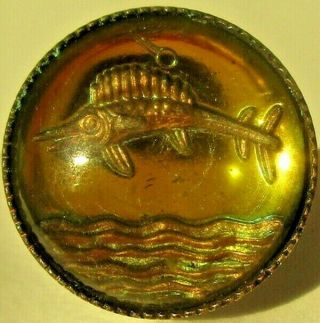 Antique French Intaglio 1/2 " Button " Swordfish In The Sea " Vintage Glass