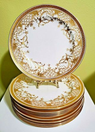 Rare Minton Gilman Collamore Thick Raised Gold Enamel Dinner Plates 10.  25 "
