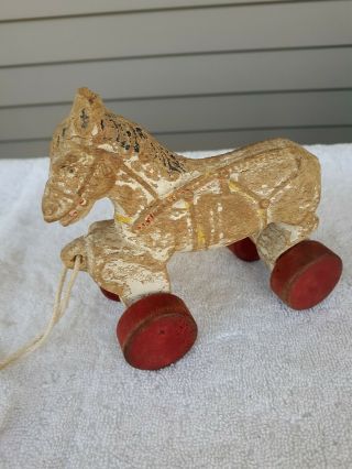 Antique Vintage Primitive Folk Art Composition Horse Pull Toy