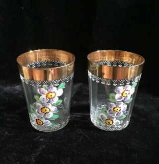 Victorian Hand Painted Flowers Gold Rimmed Drinking / Water Glass Set Of Two