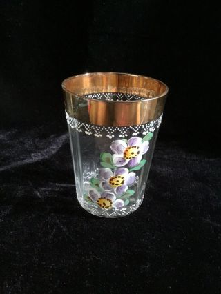 VICTORIAN HAND PAINTED FLOWERS GOLD RIMMED DRINKING / WATER GLASS SET OF TWO 2
