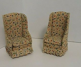 2 Vintage Dollhouse Miniature Upholstered Chairs 1 - 12 Ratio Wingbacks