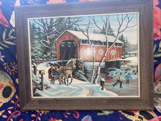 Vintage Paint By Number Winter Memories Covered Bridge Ice Skating Horse 19”x15
