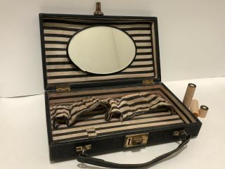 Antique Makeup Vanity Case Box With Mirror And Compartments
