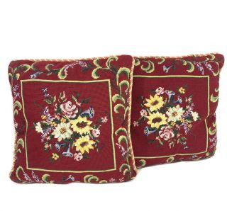 Set Of 2 Daisy Rose Floral Needlepoint Pillows Red Green 18 Inch Square