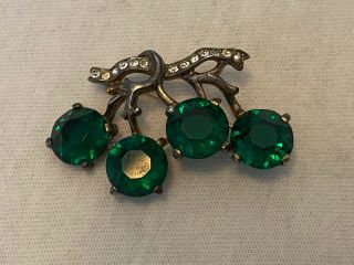 Rare Vintage Crown Trifari Sterling Silver Green Emerald Rhinestone Brooch Pin