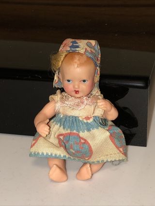 Vintage Strung Arms Legs Hard Plastic Miniature 4” Tall Doll Unmarked Dollhouse