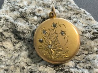 Antique Vintage Gold Filled Locket Pendant Charm Flower Design Rhinestones