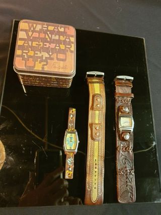 2 X Fossil Watches With Wide Leather Straps,  1 Tin