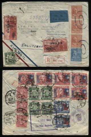 China - 1946 - Very Rare - China,  Usa Prexie Mixed Franking Airmail R - Cover To Bolivia