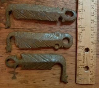 Rare Set Of (3) 18th Century Forged Iron Door Latches In Old Surface
