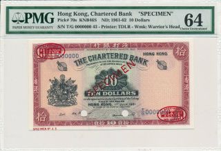 The Chartered Bank Hong Kong $10 1961 Specimen.  Rare Date Pmg 64