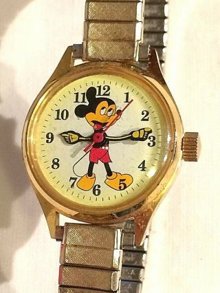 Vintage Gold Plated Walt Disney Mickey Mouse Mechanical Hands Boys Watch 25mm Di