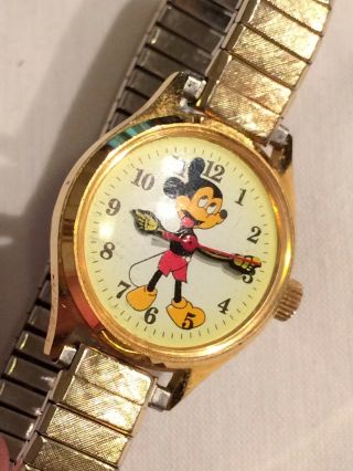 Vintage Gold Plated Walt Disney Mickey Mouse Mechanical Hands Boys Watch 25mm Di 3