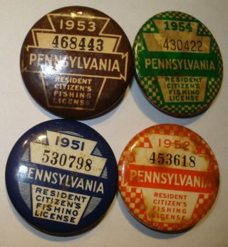 1951 1952 1953 1954 PA Pennsylvania Fishing License Button Resident Citizen Pin 2