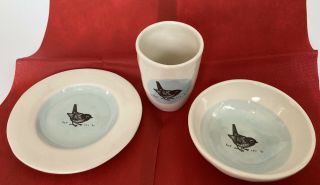Rare 3 Piece Rae Dunn By Magenta Blue Bird Child Sized Cup Bowl & Plate Set