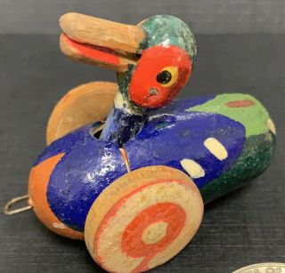 Antique Vintage Folk Art Style Painted Wood Duck Pull Toy With Moving Head