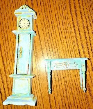 Vintage Doll House Miniatures Geoffrey Bishop End Table Grandfather Clock Set
