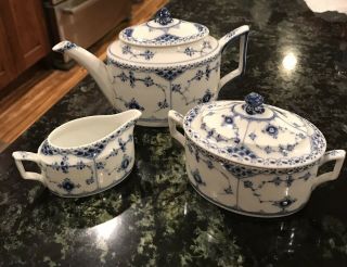 Rare Royal Copenhagen Blue Fluted Half Lace Tea Set