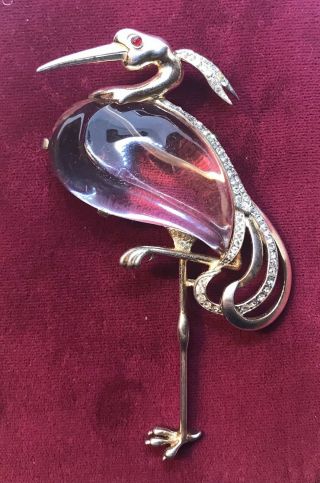 Large Rare Trifari Alfred Philippe Sterling Lucite Jelly Belly Wading Heron Pin