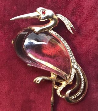 Large Rare TRIFARI Alfred Philippe Sterling Lucite JELLY BELLY Wading Heron Pin 2