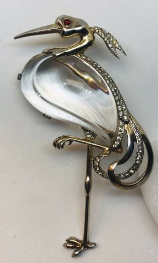 Large Rare TRIFARI Alfred Philippe Sterling Lucite JELLY BELLY Wading Heron Pin 3