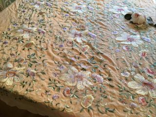 Antique Victorian Silk Piano Shawl Floral Embroidery Pink Pastel I