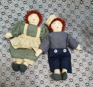 Vintage Handmade Raggedy Ann And Andy Dolls Fabric Plush 9 " Tall