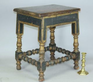 A Rare Pilgrim Period 17th C Hudson Valley Turned Joint Stool In Old Blue Paint