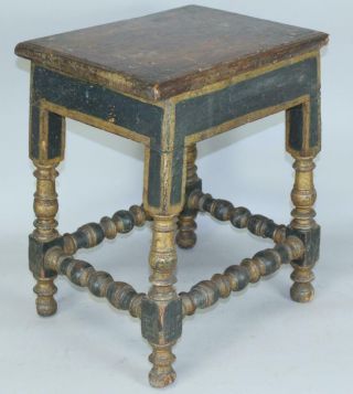 A RARE PILGRIM PERIOD 17TH C HUDSON VALLEY TURNED JOINT STOOL IN OLD BLUE PAINT 2