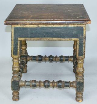 A RARE PILGRIM PERIOD 17TH C HUDSON VALLEY TURNED JOINT STOOL IN OLD BLUE PAINT 5