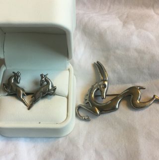 Vintage Rare Sterling Silver Gazelle Brooch Pin And Screwbback Earrings Gazelles