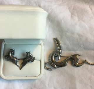 Vintage Rare Sterling Silver Gazelle Brooch Pin And Screwbback Earrings Gazelles 2